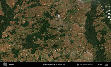 powiat sepolenski. Copernicus Sentinel 'in Ağustos 2018' de çekilmiş uydu görüntüsü üzerine Polonya 'nın idari bölgesi
