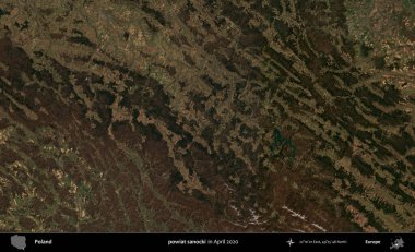 powiat sanocki. Nisan 2020 'de Copernicus Sentinel karolarından oluşan bir uydu görüntüsü üzerine Polonya' nın idari bölgesi