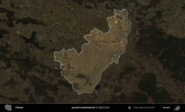 powiat sandomierski. Polonya 'nın idari alanı, Nisan 2020' de çekilen Kopernik Nöbetçi karolarından oluşan koyu renkli bir uydu görüntüsü üzerine vurgulandı ve özetlendi