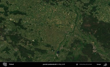 powiat sandomierski. Copernicus Sentinel 'in Mayıs 2018' de çekilmiş uydu görüntüsü üzerine Polonya 'nın idari bölgesi.