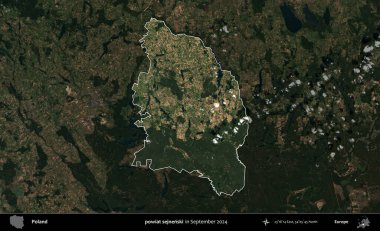 powiat sejnenski. Polonya 'nın idari alanı, Eylül 2024' te çekilen Kopernik Nöbetçi karolarından oluşan koyu renkli bir uydu görüntüsü üzerine vurgulandı ve özetlendi