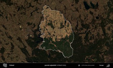 powiat sejnenski. Polonya 'nın idari alanı, Mart 2025' te çekilen Kopernik Nöbetçi karolarından oluşan koyu renkli bir uydu görüntüsü üzerine vurgulandı ve özetlendi