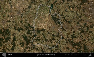 powiat sieradzki. Polonya 'nın idari bölgesinin ana hatları, Mart 2025' te çekilen Kopernik Nöbetçi karolarından oluşan bir uydu görüntüsü üzerine çizildi.