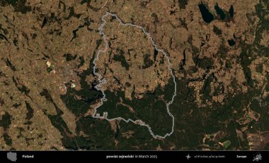 powiat sejnenski. Polonya 'nın idari bölgesinin ana hatları, Mart 2025' te çekilen Kopernik Nöbetçi karolarından oluşan bir uydu görüntüsü üzerine çizildi.