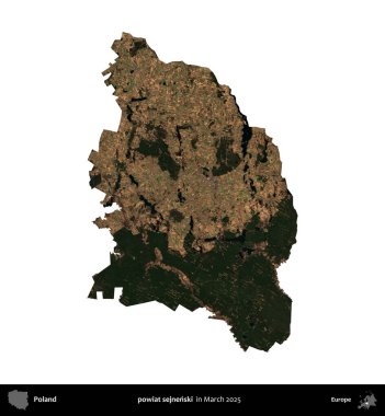 powiat sejnenski. Polonya idari bölgesi, Mart 2025 'te çekilen Kopernik Nöbetçi karolarından oluşan bir uydu görüntüsü üzerinde beyaza izole edildi.