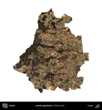 powiat sepolenski. Polonya idari bölgesi, Mart 2022 'de çekilen Kopernik Nöbetçi karolarından oluşan bir uydu görüntüsü üzerinde beyaza izole edildi.