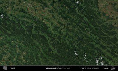 powiat sanocki. Eylül 2023 'te Copernicus Sentinel karolarından oluşan uydu görüntüsü üzerine Polonya' nın idari bölgesi