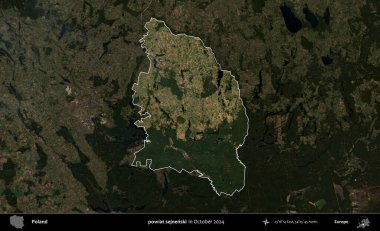 powiat sejnenski. Polonya 'nın idari alanı, Ekim 2024' te çekilen Kopernik Nöbetçi karolarından oluşan koyu renkli bir uydu görüntüsü üzerine vurgulandı ve özetlendi