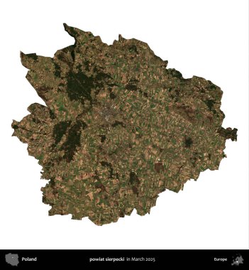 powiat sierpecki. Polonya idari bölgesi, Mart 2025 'te çekilen Kopernik Nöbetçi karolarından oluşan bir uydu görüntüsü üzerinde beyaza izole edildi.