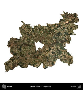 Powiat Sidlecki. Polonya idari bölgesi, Nisan 2019 'da çekilen Kopernik Nöbetçi karolarından oluşan bir uydu görüntüsü üzerinde beyaza izole edildi.