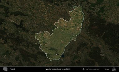 powiat sandomierski. Polonya 'nın idari alanı, Nisan 2018' de çekilen Kopernik Nöbetçi karolarından oluşan koyu renkli bir uydu görüntüsü üzerine vurgulandı ve özetlendi
