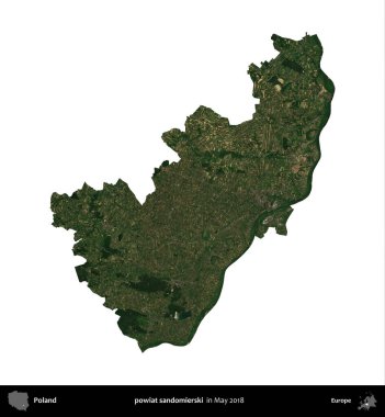 powiat sandomierski. Polonya 'nın idari bölgesi, Mayıs 2018' de çekilen Kopernik Nöbetçi Fayanslarından oluşan bir uydu görüntüsü üzerinde beyaza izole edildi.