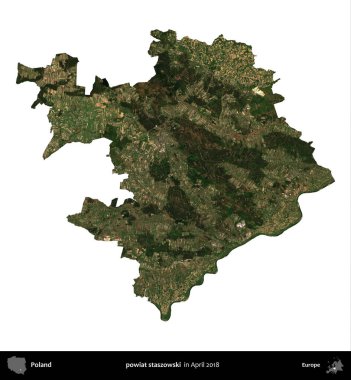 powiat staszowski. Polonya idari bölgesi, Nisan 2018 'de çekilen Kopernik Nöbetçi karolarından oluşan bir uydu görüntüsü üzerinde beyaza izole edildi.