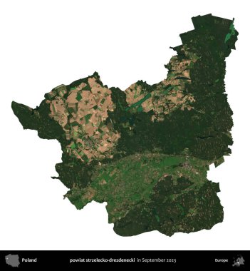 powiat strzelecko-drezdenecki. Polonya idari bölgesi, Eylül 2023 'te çekilen Kopernik Nöbetçi karolarından oluşan bir uydu görüntüsü üzerinde beyaza izole edildi.