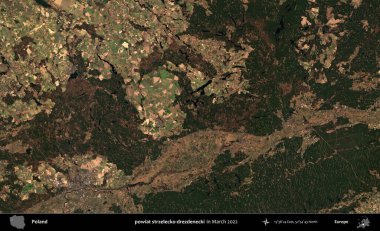 powiat strzelecko-drezdenecki. Copernicus Sentinel 'in Mart 2022' de çekilmiş uydu görüntüsü üzerine Polonya 'nın idari bölgesi.