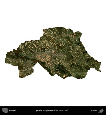 powiat strzyzowski. Polonya idari bölgesi, Ekim 2018 'de çekilen Kopernik Nöbetçi karolarından oluşan bir uydu görüntüsü üzerinde beyaza izole edildi.