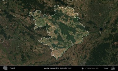 powiat staszowski. Polonya 'nın idari alanı, Eylül 2020' de çekilen Kopernik Nöbetçi karolarından oluşan koyu renkli bir uydu görüntüsü üzerine vurgulandı ve özetlendi