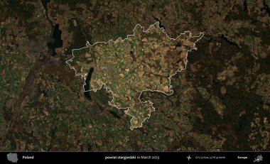 powiat stargardzki. Polonya 'nın idari alanı, Mart 2025' te çekilen Kopernik Nöbetçi karolarından oluşan koyu renkli bir uydu görüntüsü üzerine vurgulandı ve özetlendi