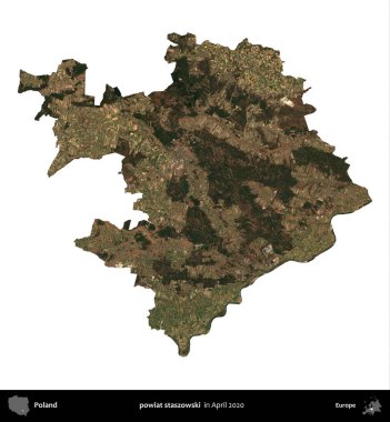 powiat staszowski. Polonya idari bölgesi, Nisan 2020 'de çekilen Kopernik Nöbetçi karolarından oluşan bir uydu görüntüsü üzerinde beyaza izole edildi.
