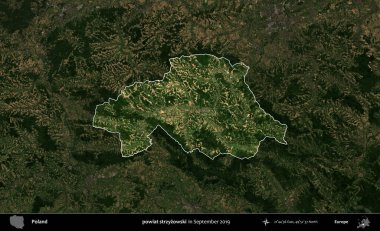 powiat strzyzowski. Polonya 'nın idari alanı, Eylül 2019' da çekilen Kopernik Nöbetçi karolarından oluşan koyu renkli bir uydu görüntüsü üzerinde vurgulandı ve özetlendi.