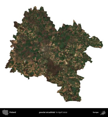 powiat strzelinski. Polonya idari bölgesi, Nisan 2020 'de çekilen Kopernik Nöbetçi karolarından oluşan bir uydu görüntüsü üzerinde beyaza izole edildi.