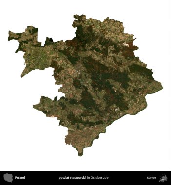 powiat staszowski. Polonya idari bölgesi, Ekim 2021 'de çekilen Kopernik Nöbetçi karolarından oluşan bir uydu görüntüsü üzerinde beyaza izole edildi.