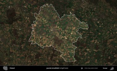 powiat strzelinski. Polonya 'nın idari alanı, Nisan 2020' de çekilen Kopernik Nöbetçi karolarından oluşan koyu renkli bir uydu görüntüsü üzerine vurgulandı ve özetlendi