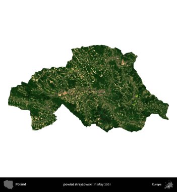 powiat strzyzowski. Polonya idari bölgesi, Mayıs 2021 'de çekilen Kopernik Nöbetçi Karolarından oluşan bir uydu görüntüsü üzerinde beyaza izole edildi.