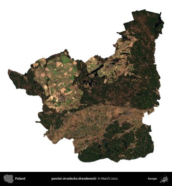 powiat strzelecko-drezdenecki. Polonya idari bölgesi, Mart 2022 'de çekilen Kopernik Nöbetçi karolarından oluşan bir uydu görüntüsü üzerinde beyaza izole edildi.