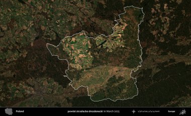powiat strzelecko-drezdenecki. Polonya 'nın idari alanı, Mart 2025' te çekilen Kopernik Nöbetçi karolarından oluşan koyu renkli bir uydu görüntüsü üzerine vurgulandı ve özetlendi