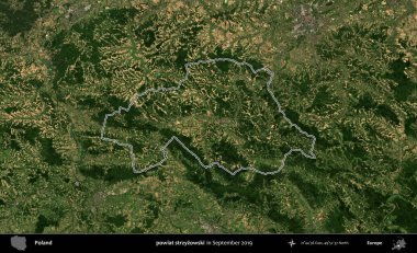 powiat strzyzowski. Eylül 2019 'da çekilen Kopernik Nöbetçi karolarından oluşan bir uydu görüntüsü üzerine Polonya' nın idari bölgesinin ana hatlarını çizdim.