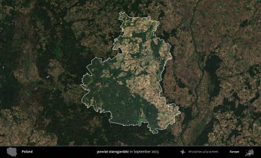 powiat starogardzki. Polonya 'nın idari alanı, Eylül 2023' te çekilen Kopernik Nöbetçi karolarından oluşan koyu renkli bir uydu görüntüsü üzerine vurgulandı ve özetlendi.