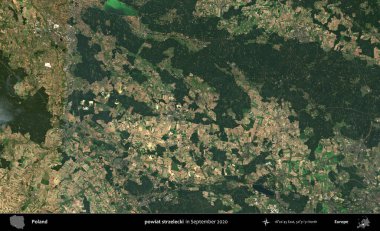 powiat strzelecki. Eylül 2020 'de Copernicus Sentinel karolarından oluşan bir uydu görüntüsü üzerine Polonya' nın idari bölgesi