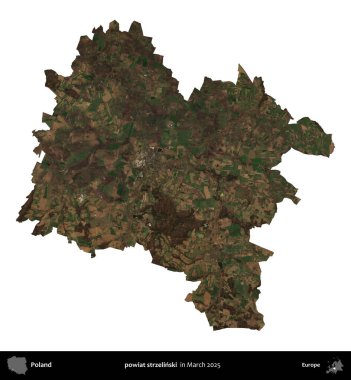 powiat strzelinski. Polonya idari bölgesi, Mart 2025 'te çekilen Kopernik Nöbetçi karolarından oluşan bir uydu görüntüsü üzerinde beyaza izole edildi.