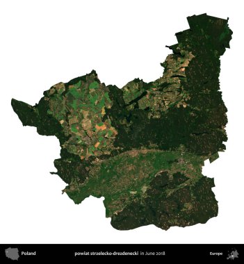 powiat strzelecko-drezdenecki. Polonya idari bölgesi, Haziran 2018 'de çekilen Kopernik Nöbetçi karolarından oluşan bir uydu görüntüsü üzerinde beyaza izole edildi.