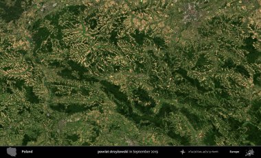 powiat strzyzowski. Eylül 2019 'da çekilen Kopernik Sentinel karolarından oluşan uydu görüntüsü üzerine Polonya' nın idari bölgesi
