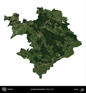 powiat staszowski. Polonya 'nın idari bölgesi, Mayıs 2018' de çekilen Kopernik Nöbetçi Fayanslarından oluşan bir uydu görüntüsü üzerinde beyaza izole edildi.