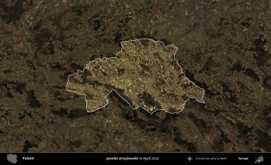 powiat strzyzowski. Polonya 'nın idari alanı, Nisan 2020' de çekilen Kopernik Nöbetçi karolarından oluşan koyu renkli bir uydu görüntüsü üzerine vurgulandı ve özetlendi