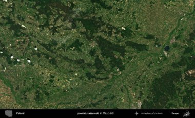 powiat staszowski. Copernicus Sentinel 'in Mayıs 2018' de çekilmiş uydu görüntüsü üzerine Polonya 'nın idari bölgesi.