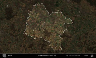 powiat strzelinski. Polonya 'nın idari alanı, Mart 2025' te çekilen Kopernik Nöbetçi karolarından oluşan koyu renkli bir uydu görüntüsü üzerine vurgulandı ve özetlendi