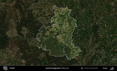 powiat starogardzki. Polonya 'nın idari alanı, Mayıs 2023' te çekilen Kopernik Nöbetçi karolarından oluşan koyu renkli bir uydu görüntüsü üzerinde vurgulandı ve özetlendi.