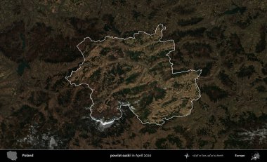 powiat suski. Polonya 'nın idari alanı, Nisan 2020' de çekilen Kopernik Nöbetçi karolarından oluşan koyu renkli bir uydu görüntüsü üzerine vurgulandı ve özetlendi