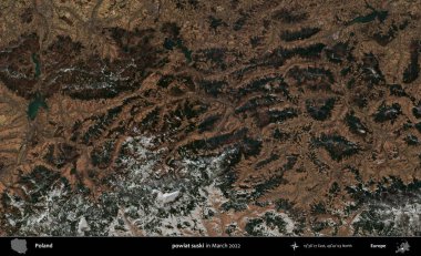 powiat suski. Copernicus Sentinel 'in Mart 2022' de çekilmiş uydu görüntüsü üzerine Polonya 'nın idari bölgesi.