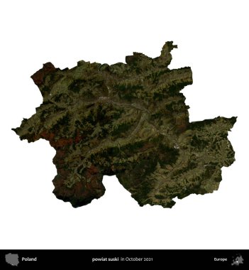 powiat suski. Polonya idari bölgesi, Ekim 2021 'de çekilen Kopernik Nöbetçi karolarından oluşan bir uydu görüntüsü üzerinde beyaza izole edildi.