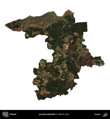 powiat sulecinski. Polonya idari bölgesi, Mart 2025 'te çekilen Kopernik Nöbetçi karolarından oluşan bir uydu görüntüsü üzerinde beyaza izole edildi.