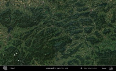powiat suski. Eylül 2020 'de Copernicus Sentinel karolarından oluşan bir uydu görüntüsü üzerine Polonya' nın idari bölgesi