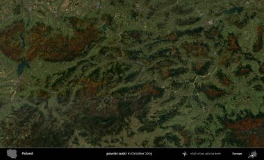 powiat suski. Polonya 'nın idari bölgesi Kopernik Sentinel' in Ekim 2019 'da çekilmiş uydu görüntüsü üzerine kurulmuştur.