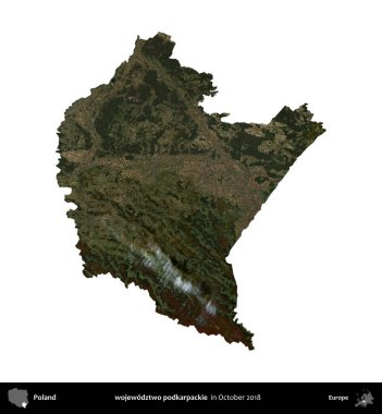 wojewodz2 podkarpackie. Polonya idari bölgesi, Ekim 2018 'de çekilen Kopernik Nöbetçi karolarından oluşan bir uydu görüntüsü üzerinde beyaza izole edildi.