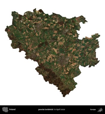powiat swidnicki. Polonya idari bölgesi, Nisan 2020 'de çekilen Kopernik Nöbetçi karolarından oluşan bir uydu görüntüsü üzerinde beyaza izole edildi.