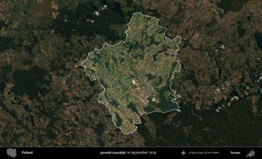 powiat suwalski. Polonya 'nın idari alanı, Eylül 2024' te çekilen Kopernik Nöbetçi karolarından oluşan koyu renkli bir uydu görüntüsü üzerine vurgulandı ve özetlendi